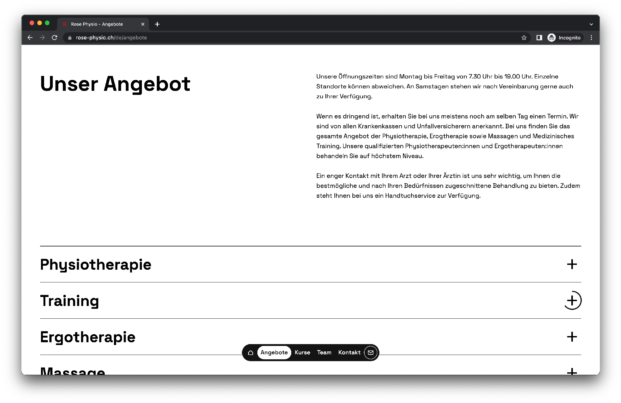 Accordion elements showcase Rose Physio Website